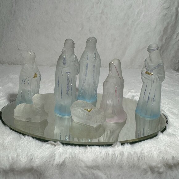 Frosted Glass Nativity Scene Ethereal Winter Landscape Display on Mirror - Picture 4 of 8